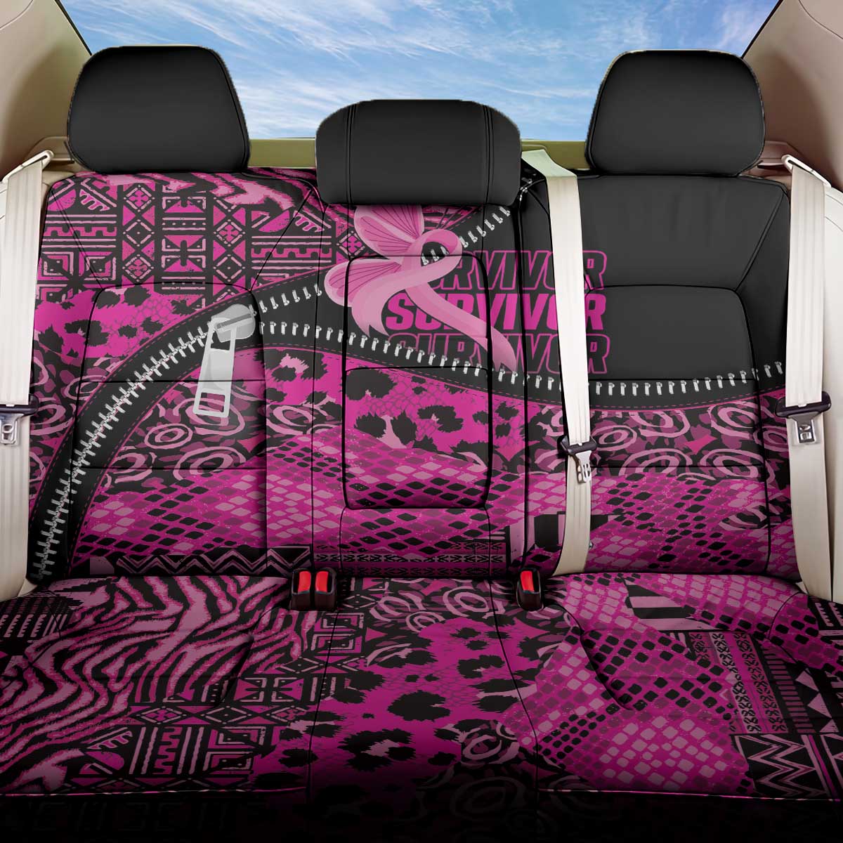Pink Ribbon Animals Skin African Mixed Back Car Seat Cover Zipper Stylized - Wonder Print Shop