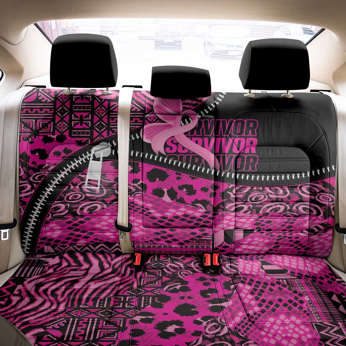 Pink Ribbon Animals Skin African Mixed Back Car Seat Cover Zipper Stylized - Wonder Print Shop