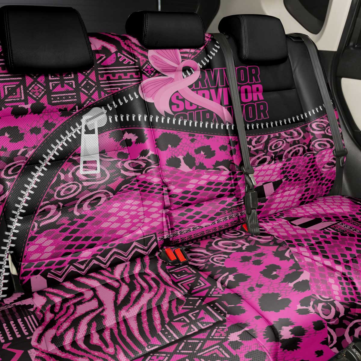Pink Ribbon Animals Skin African Mixed Back Car Seat Cover Zipper Stylized - Wonder Print Shop
