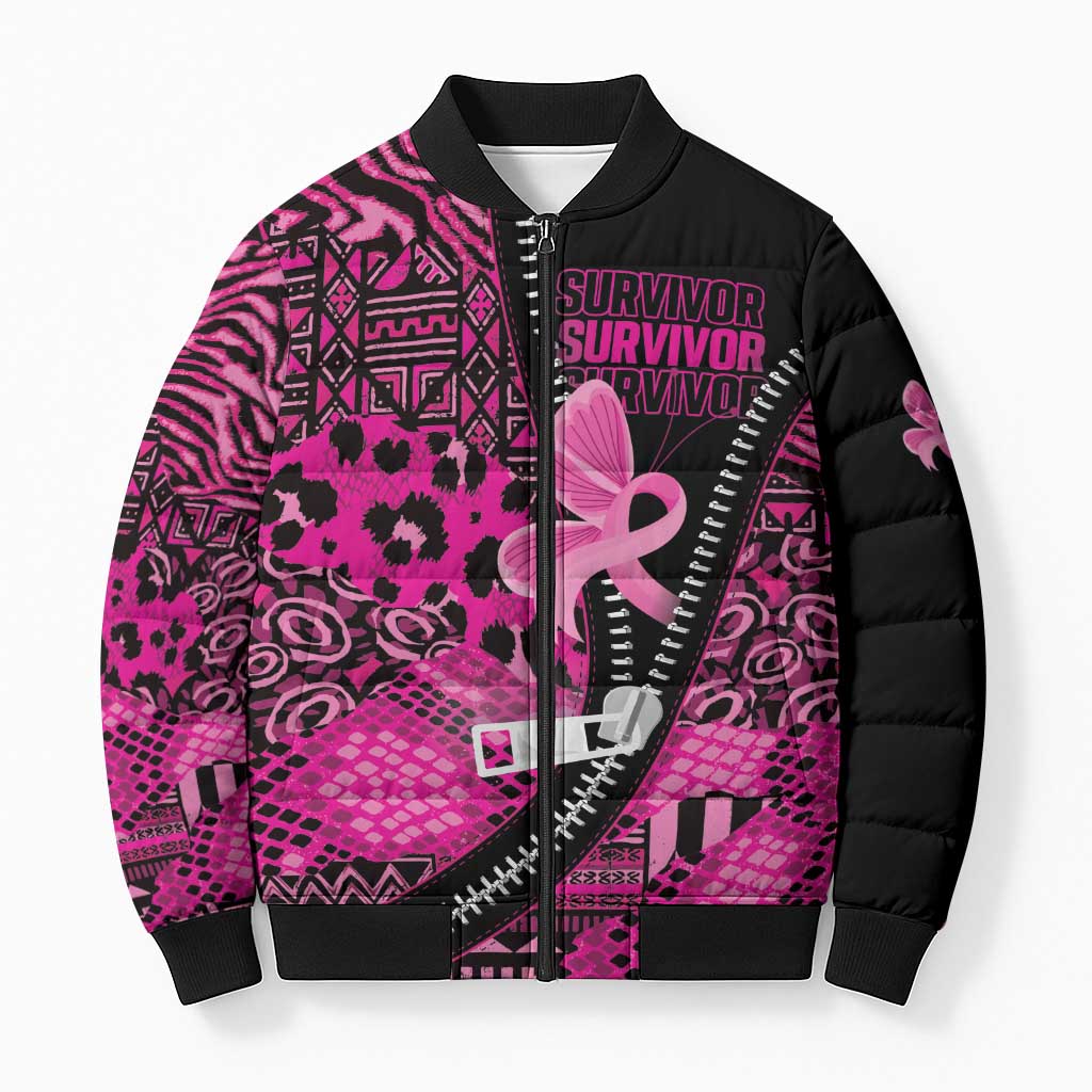 Pink Ribbon Animals Skin African Mixed Bomber Puffer Jacket Zipper Stylized - Wonder Print Shop