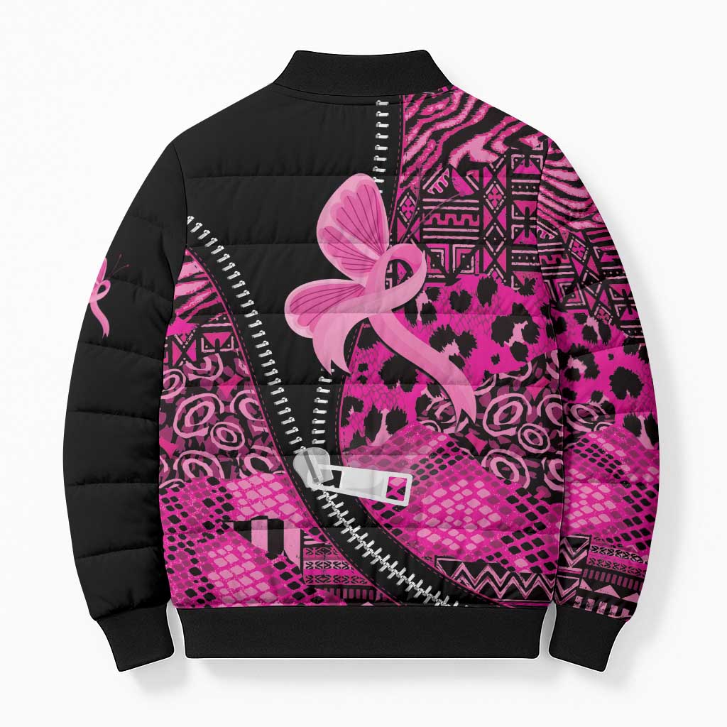 Pink Ribbon Animals Skin African Mixed Bomber Puffer Jacket Zipper Stylized - Wonder Print Shop