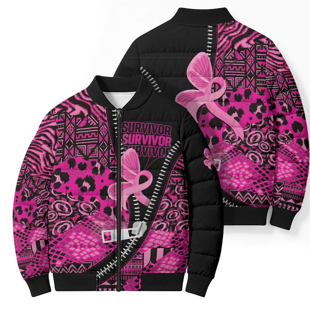 Pink Ribbon Animals Skin African Mixed Bomber Puffer Jacket Zipper Stylized - Wonder Print Shop
