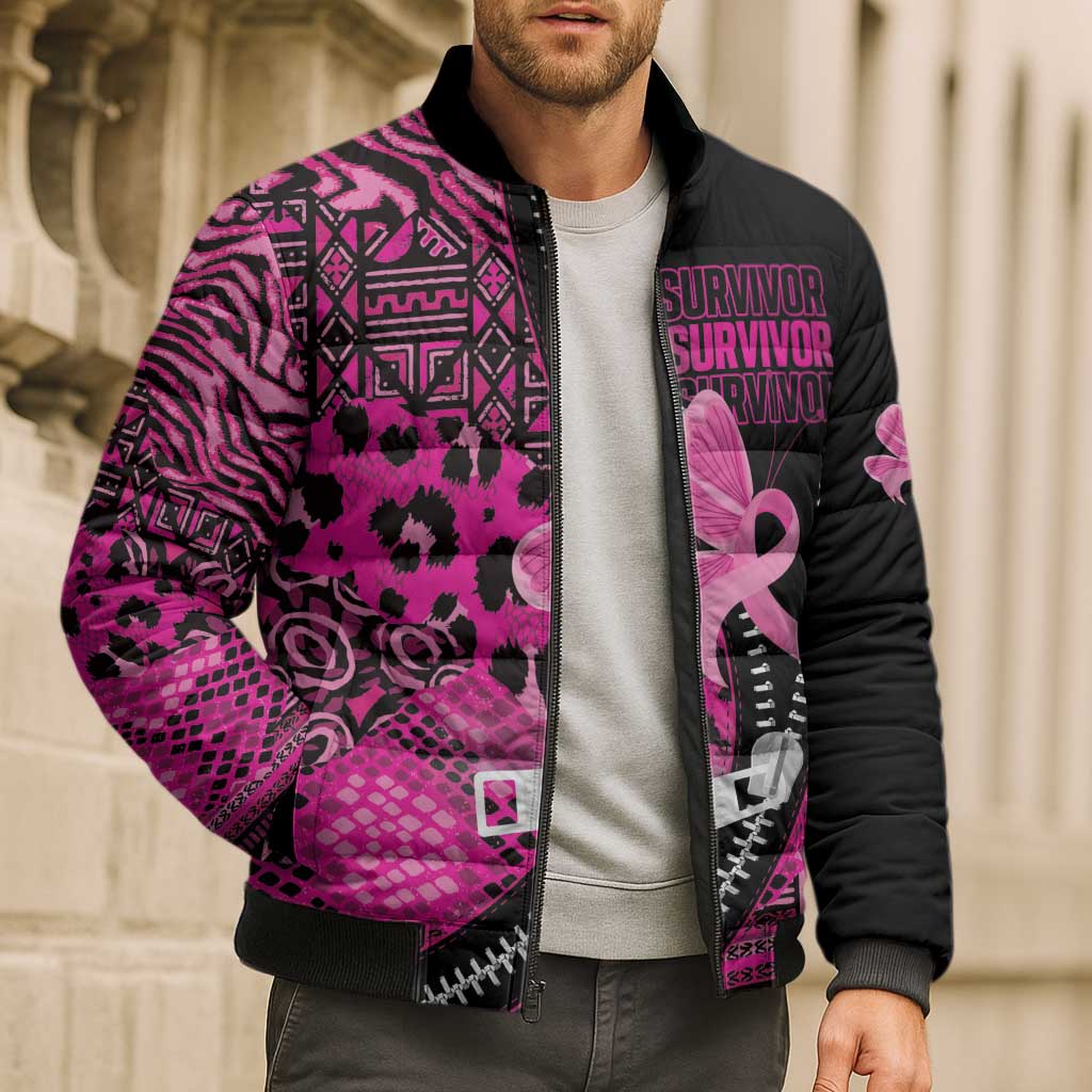 Pink Ribbon Animals Skin African Mixed Bomber Puffer Jacket Zipper Stylized - Wonder Print Shop