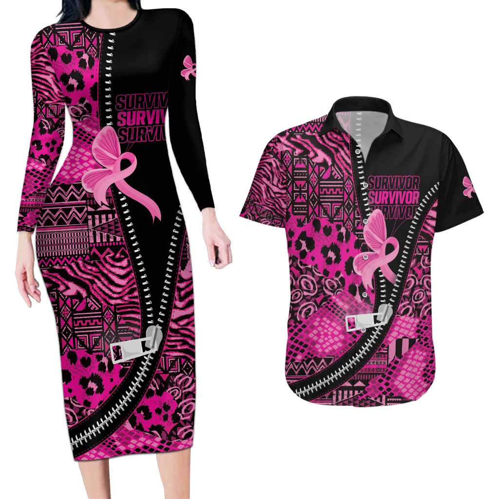 Pink Ribbon Animals Skin African Mixed Couples Matching Long Sleeve Bodycon Dress and Hawaiian Shirt Zipper Stylized - Wonder Print Shop