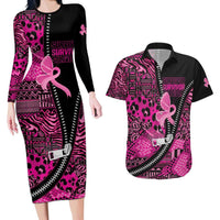 Pink Ribbon Animals Skin African Mixed Couples Matching Long Sleeve Bodycon Dress and Hawaiian Shirt Zipper Stylized - Wonder Print Shop