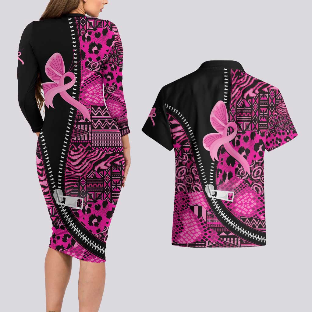 Pink Ribbon Animals Skin African Mixed Couples Matching Long Sleeve Bodycon Dress and Hawaiian Shirt Zipper Stylized - Wonder Print Shop