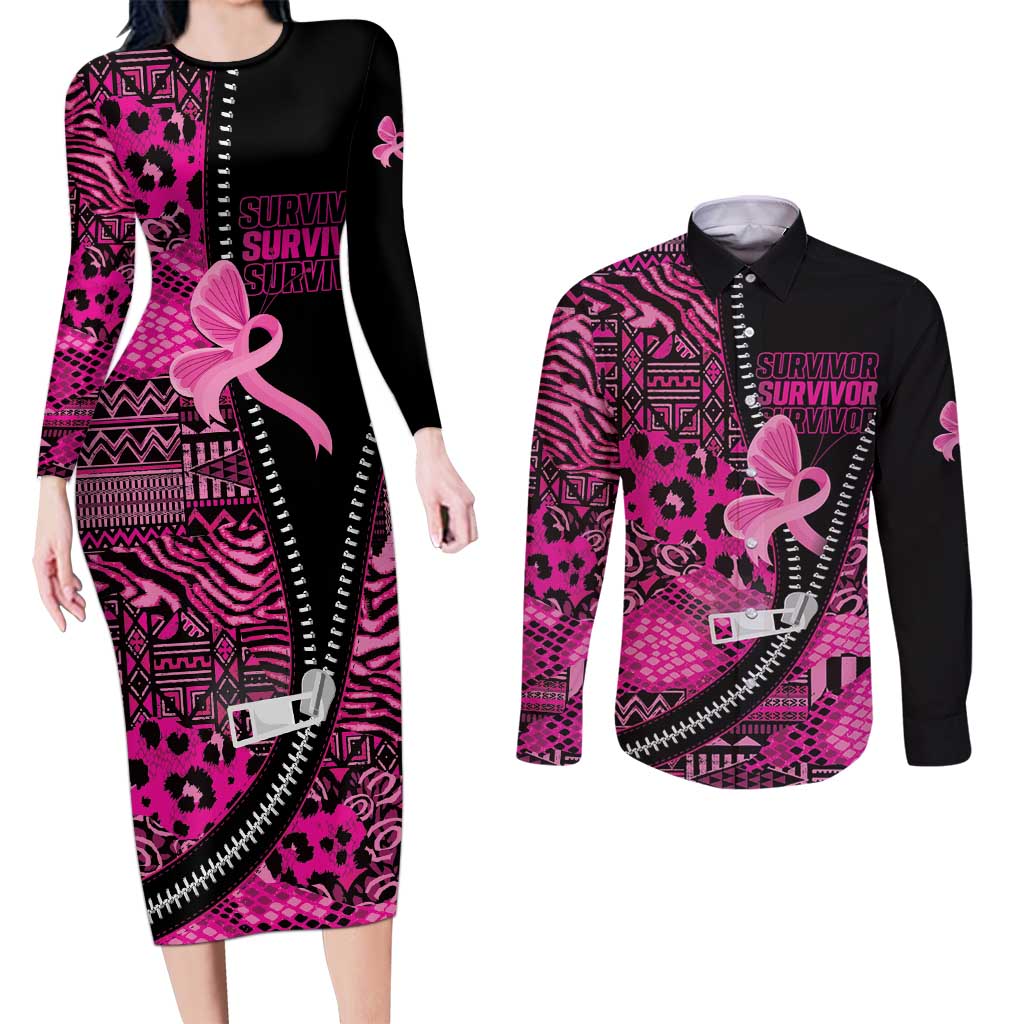 Pink Ribbon Animals Skin African Mixed Couples Matching Long Sleeve Bodycon Dress and Long Sleeve Button Shirt Zipper Stylized - Wonder Print Shop