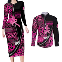 Pink Ribbon Animals Skin African Mixed Couples Matching Long Sleeve Bodycon Dress and Long Sleeve Button Shirt Zipper Stylized - Wonder Print Shop