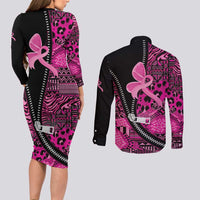 Pink Ribbon Animals Skin African Mixed Couples Matching Long Sleeve Bodycon Dress and Long Sleeve Button Shirt Zipper Stylized - Wonder Print Shop