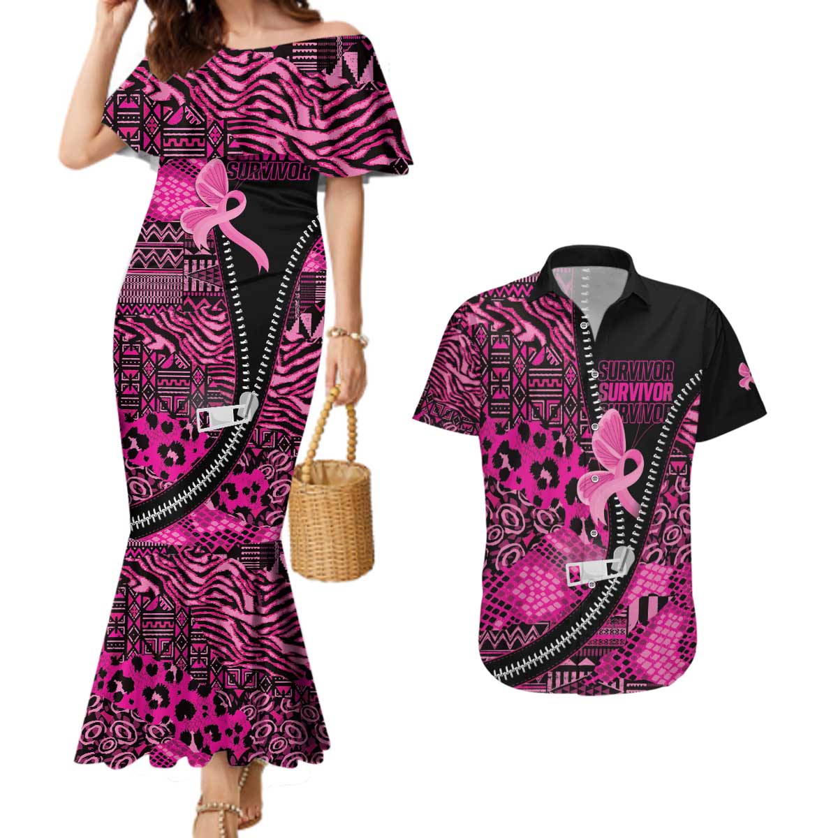 Pink Ribbon Animals Skin African Mixed Couples Matching Mermaid Dress and Hawaiian Shirt Zipper Stylized - Wonder Print Shop
