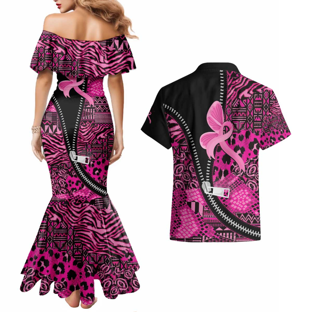 Pink Ribbon Animals Skin African Mixed Couples Matching Mermaid Dress and Hawaiian Shirt Zipper Stylized - Wonder Print Shop