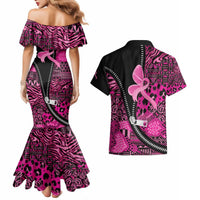 Pink Ribbon Animals Skin African Mixed Couples Matching Mermaid Dress and Hawaiian Shirt Zipper Stylized - Wonder Print Shop