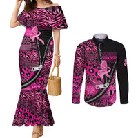Pink Ribbon Animals Skin African Mixed Couples Matching Mermaid Dress and Long Sleeve Button Shirt Zipper Stylized - Wonder Print Shop
