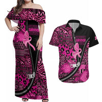 Pink Ribbon Animals Skin African Mixed Couples Matching Off Shoulder Maxi Dress and Hawaiian Shirt Zipper Stylized - Wonder Print Shop