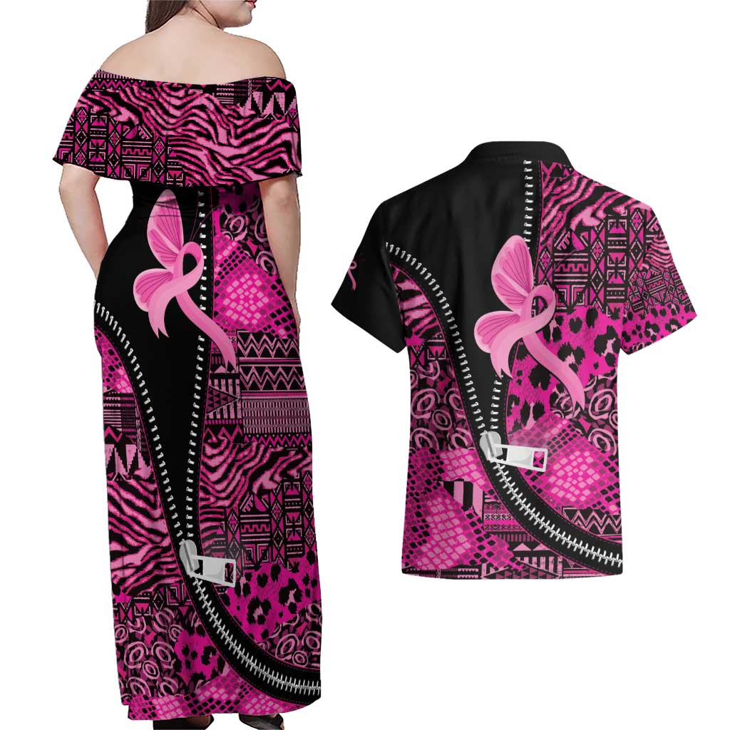 Pink Ribbon Animals Skin African Mixed Couples Matching Off Shoulder Maxi Dress and Hawaiian Shirt Zipper Stylized - Wonder Print Shop