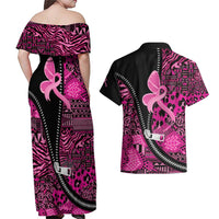 Pink Ribbon Animals Skin African Mixed Couples Matching Off Shoulder Maxi Dress and Hawaiian Shirt Zipper Stylized - Wonder Print Shop
