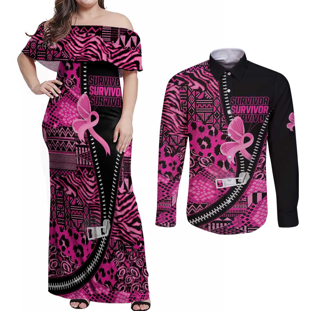 Pink Ribbon Animals Skin African Mixed Couples Matching Off Shoulder Maxi Dress and Long Sleeve Button Shirt Zipper Stylized - Wonder Print Shop
