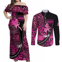 Pink Ribbon Animals Skin African Mixed Couples Matching Off Shoulder Maxi Dress and Long Sleeve Button Shirt Zipper Stylized - Wonder Print Shop