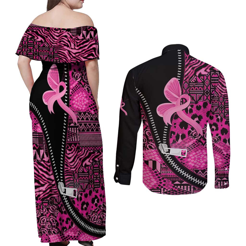 Pink Ribbon Animals Skin African Mixed Couples Matching Off Shoulder Maxi Dress and Long Sleeve Button Shirt Zipper Stylized - Wonder Print Shop
