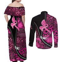 Pink Ribbon Animals Skin African Mixed Couples Matching Off Shoulder Maxi Dress and Long Sleeve Button Shirt Zipper Stylized - Wonder Print Shop