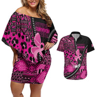 Pink Ribbon Animals Skin African Mixed Couples Matching Off Shoulder Short Dress and Hawaiian Shirt Zipper Stylized - Wonder Print Shop