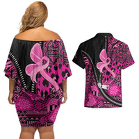 Pink Ribbon Animals Skin African Mixed Couples Matching Off Shoulder Short Dress and Hawaiian Shirt Zipper Stylized - Wonder Print Shop
