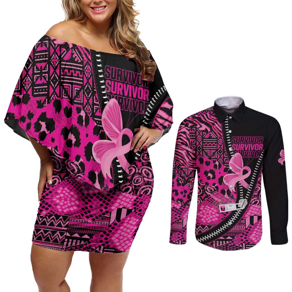Pink Ribbon Animals Skin African Mixed Couples Matching Off Shoulder Short Dress and Long Sleeve Button Shirt Zipper Stylized - Wonder Print Shop