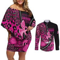 Pink Ribbon Animals Skin African Mixed Couples Matching Off Shoulder Short Dress and Long Sleeve Button Shirt Zipper Stylized - Wonder Print Shop