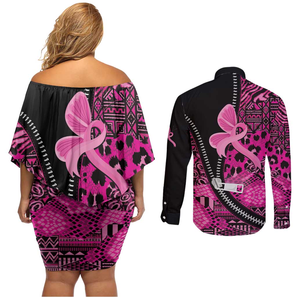 Pink Ribbon Animals Skin African Mixed Couples Matching Off Shoulder Short Dress and Long Sleeve Button Shirt Zipper Stylized - Wonder Print Shop