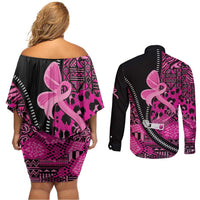 Pink Ribbon Animals Skin African Mixed Couples Matching Off Shoulder Short Dress and Long Sleeve Button Shirt Zipper Stylized - Wonder Print Shop