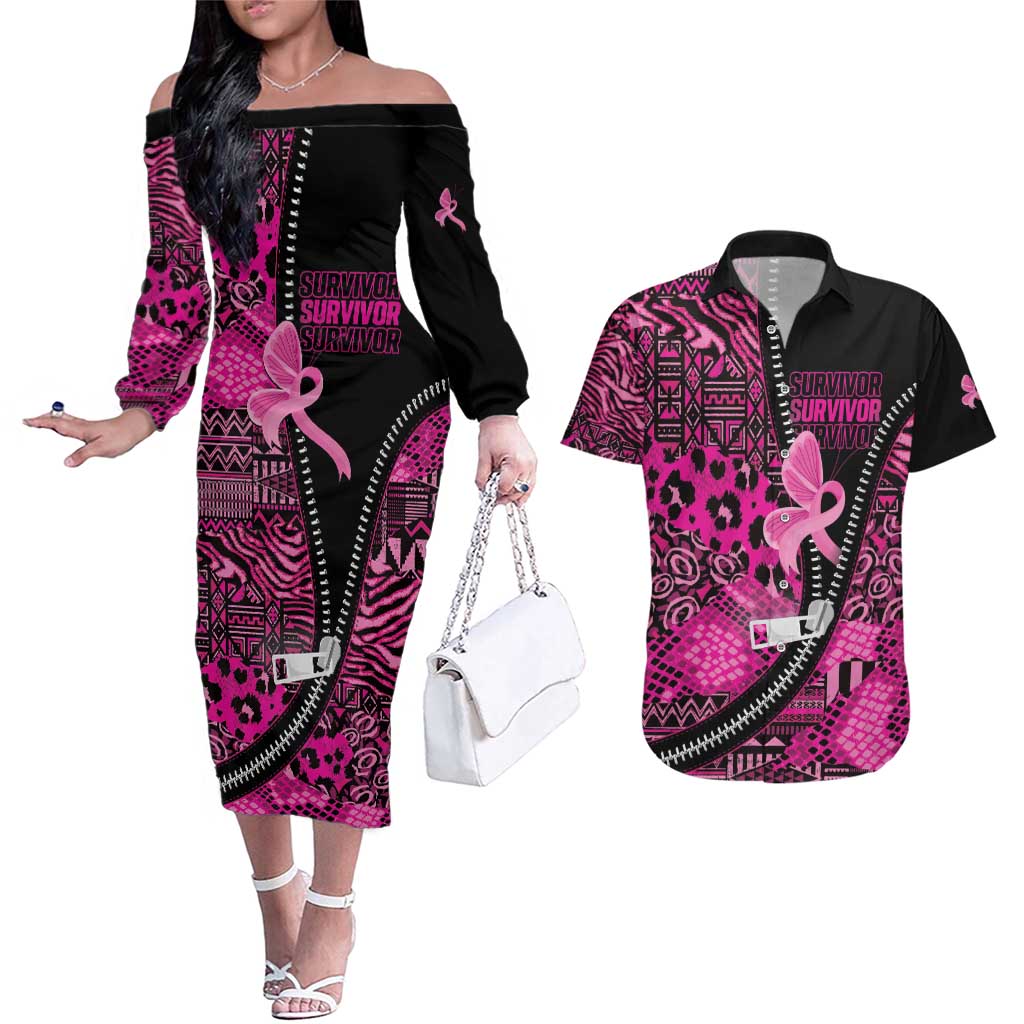 Pink Ribbon Animals Skin African Mixed Couples Matching Off The Shoulder Long Sleeve Dress and Hawaiian Shirt Zipper Stylized - Wonder Print Shop