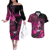Pink Ribbon Animals Skin African Mixed Couples Matching Off The Shoulder Long Sleeve Dress and Hawaiian Shirt Zipper Stylized - Wonder Print Shop