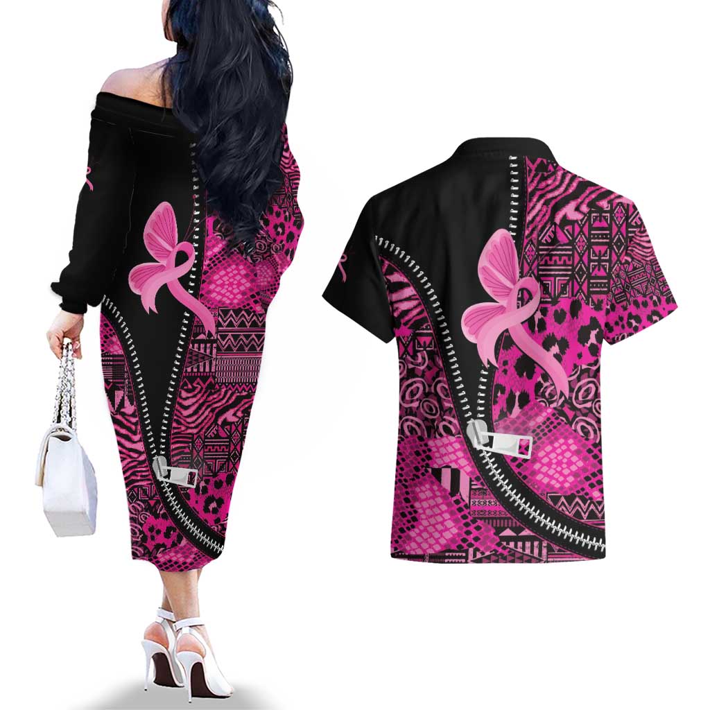 Pink Ribbon Animals Skin African Mixed Couples Matching Off The Shoulder Long Sleeve Dress and Hawaiian Shirt Zipper Stylized - Wonder Print Shop
