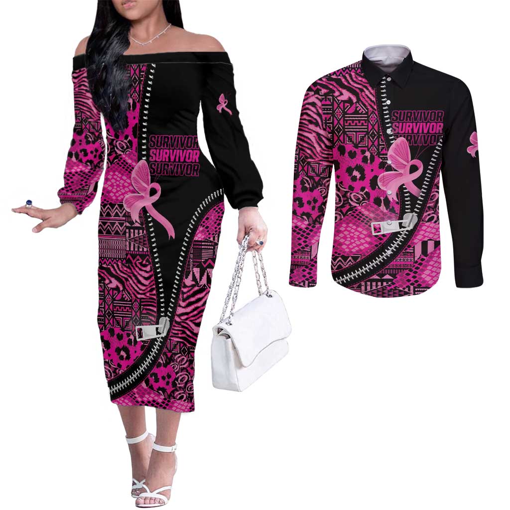 Pink Ribbon Animals Skin African Mixed Couples Matching Off The Shoulder Long Sleeve Dress and Long Sleeve Button Shirt Zipper Stylized - Wonder Print Shop