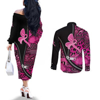 Pink Ribbon Animals Skin African Mixed Couples Matching Off The Shoulder Long Sleeve Dress and Long Sleeve Button Shirt Zipper Stylized - Wonder Print Shop
