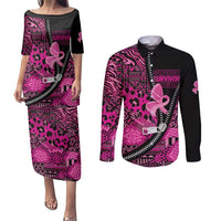 Pink Ribbon Animals Skin African Mixed Couples Matching Puletasi and Long Sleeve Button Shirt Zipper Stylized - Wonder Print Shop