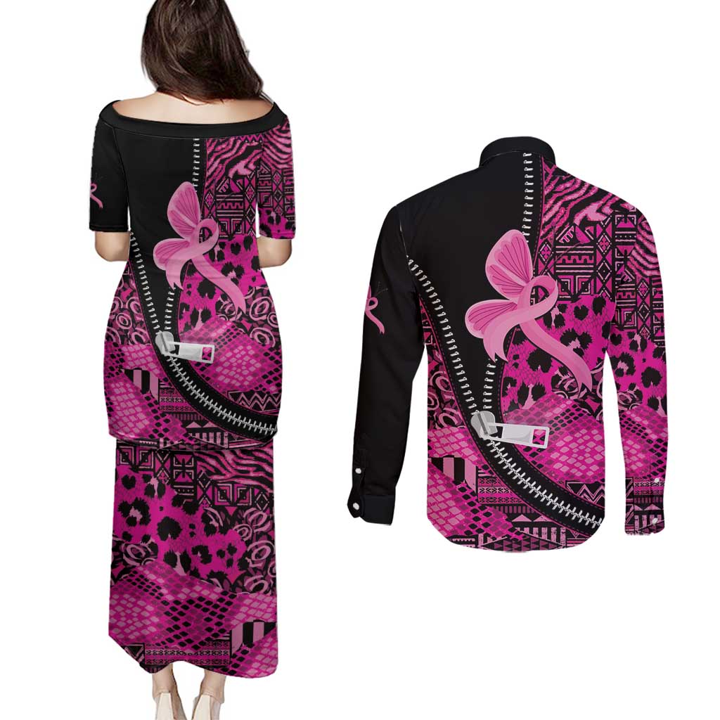 Pink Ribbon Animals Skin African Mixed Couples Matching Puletasi and Long Sleeve Button Shirt Zipper Stylized - Wonder Print Shop