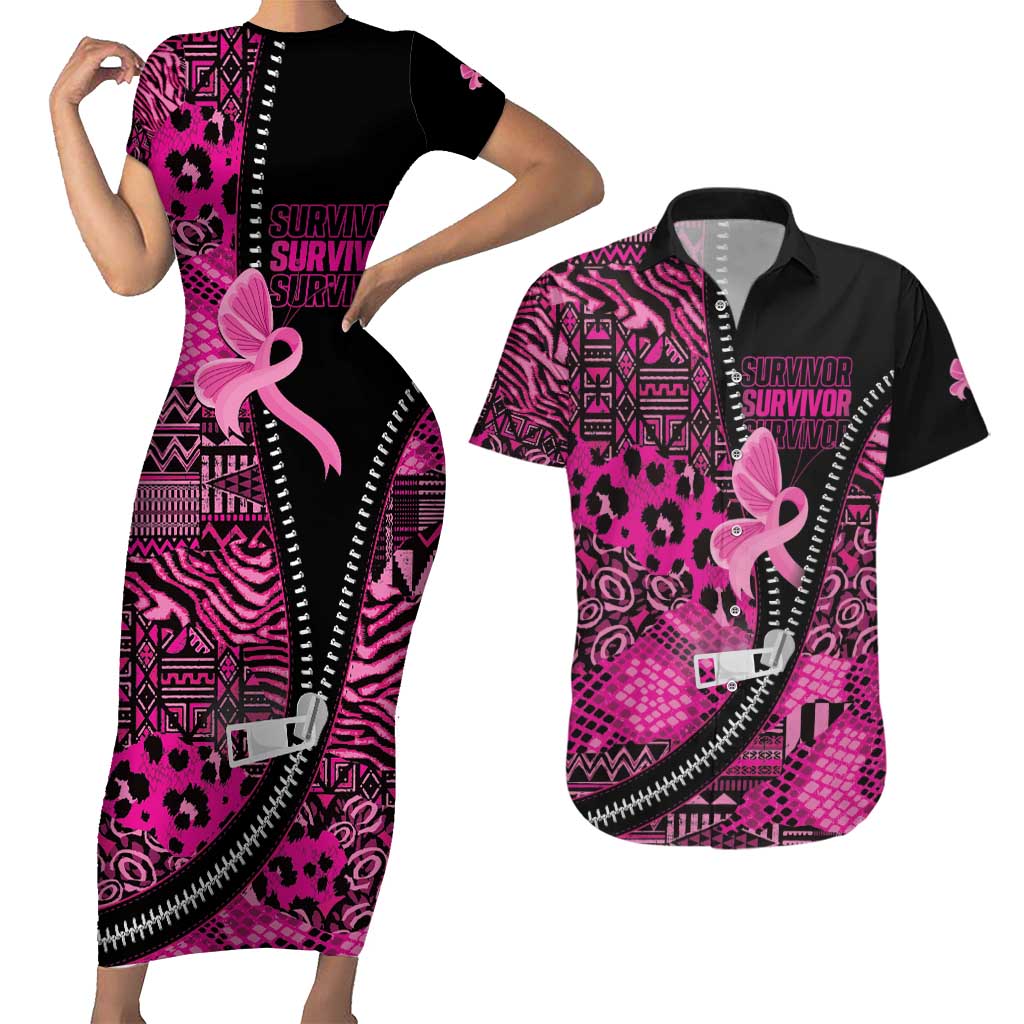 Pink Ribbon Animals Skin African Mixed Couples Matching Short Sleeve Bodycon Dress and Hawaiian Shirt Zipper Stylized - Wonder Print Shop