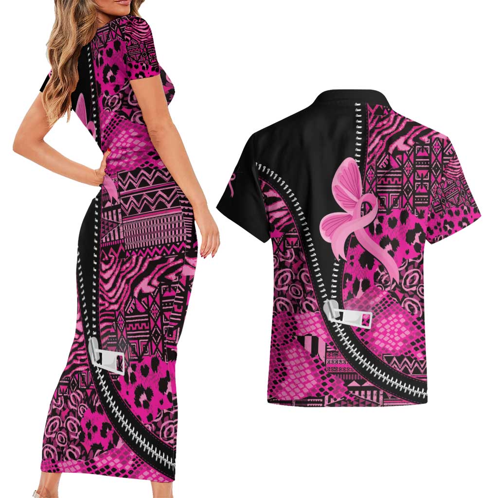 Pink Ribbon Animals Skin African Mixed Couples Matching Short Sleeve Bodycon Dress and Hawaiian Shirt Zipper Stylized - Wonder Print Shop
