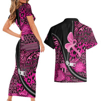 Pink Ribbon Animals Skin African Mixed Couples Matching Short Sleeve Bodycon Dress and Hawaiian Shirt Zipper Stylized - Wonder Print Shop