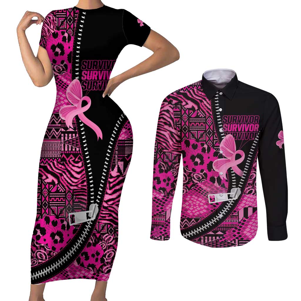 Pink Ribbon Animals Skin African Mixed Couples Matching Short Sleeve Bodycon Dress and Long Sleeve Button Shirt Zipper Stylized - Wonder Print Shop