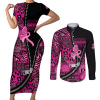 Pink Ribbon Animals Skin African Mixed Couples Matching Short Sleeve Bodycon Dress and Long Sleeve Button Shirt Zipper Stylized - Wonder Print Shop