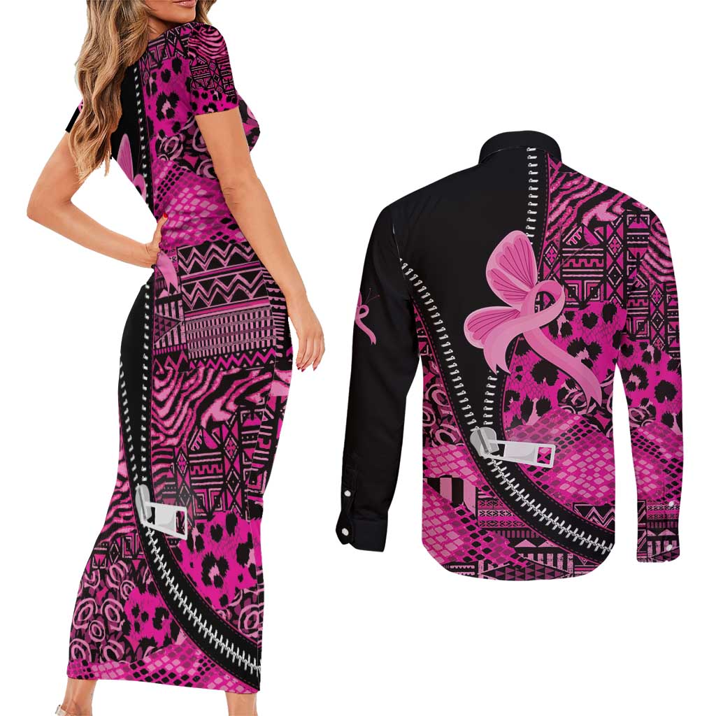 Pink Ribbon Animals Skin African Mixed Couples Matching Short Sleeve Bodycon Dress and Long Sleeve Button Shirt Zipper Stylized - Wonder Print Shop