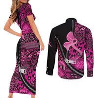 Pink Ribbon Animals Skin African Mixed Couples Matching Short Sleeve Bodycon Dress and Long Sleeve Button Shirt Zipper Stylized - Wonder Print Shop
