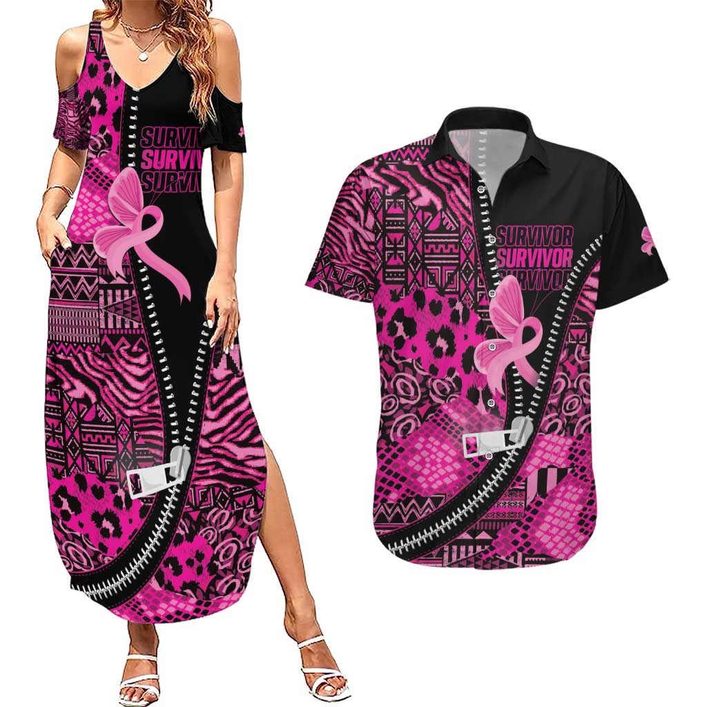 Pink Ribbon Animals Skin African Mixed Couples Matching Summer Maxi Dress and Hawaiian Shirt Zipper Stylized - Wonder Print Shop