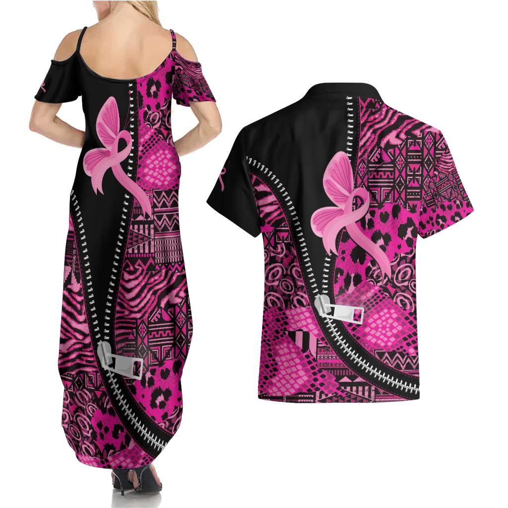 Pink Ribbon Animals Skin African Mixed Couples Matching Summer Maxi Dress and Hawaiian Shirt Zipper Stylized - Wonder Print Shop