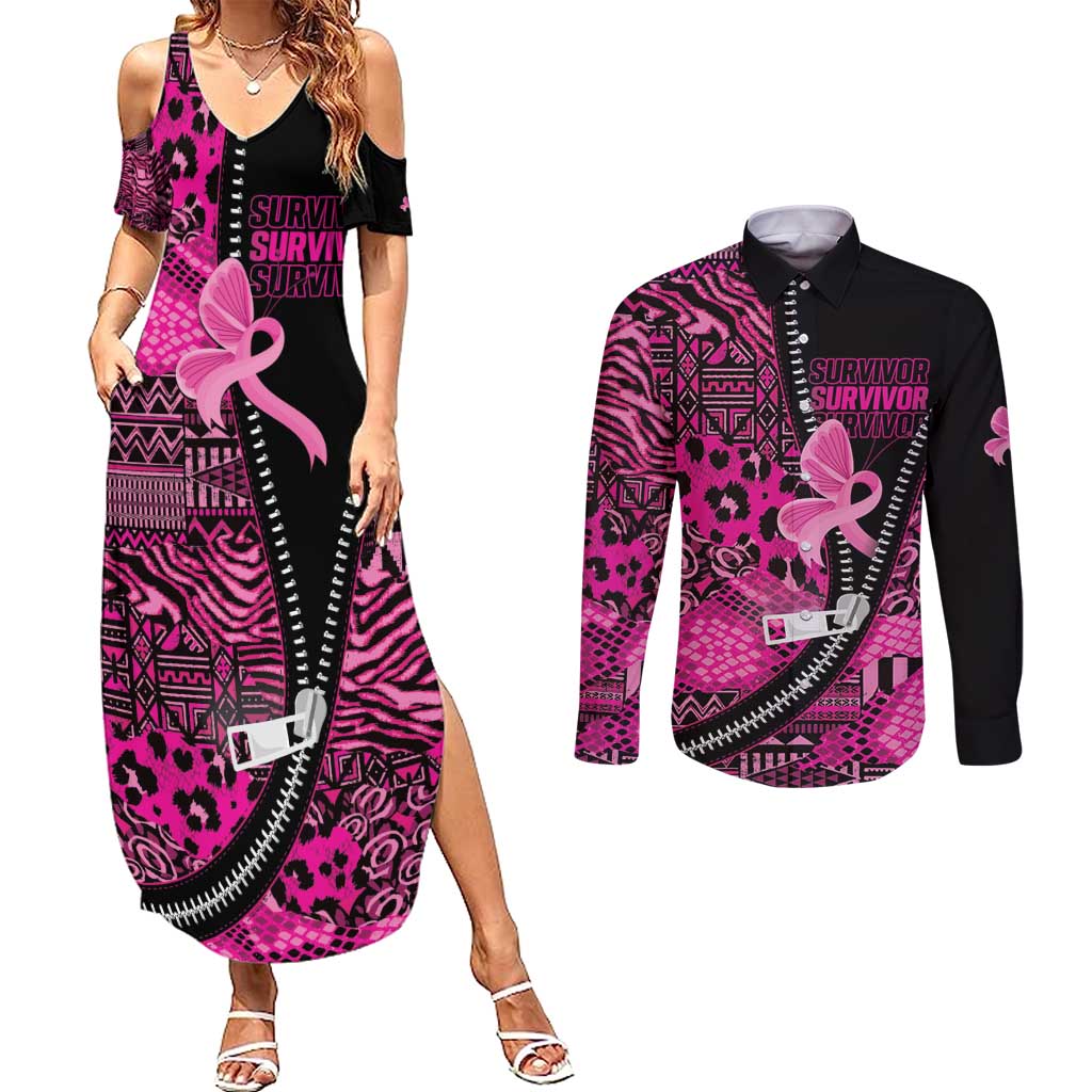 Pink Ribbon Animals Skin African Mixed Couples Matching Summer Maxi Dress and Long Sleeve Button Shirt Zipper Stylized - Wonder Print Shop