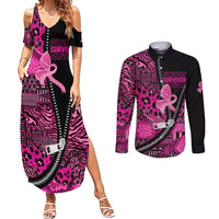 Pink Ribbon Animals Skin African Mixed Couples Matching Summer Maxi Dress and Long Sleeve Button Shirt Zipper Stylized - Wonder Print Shop