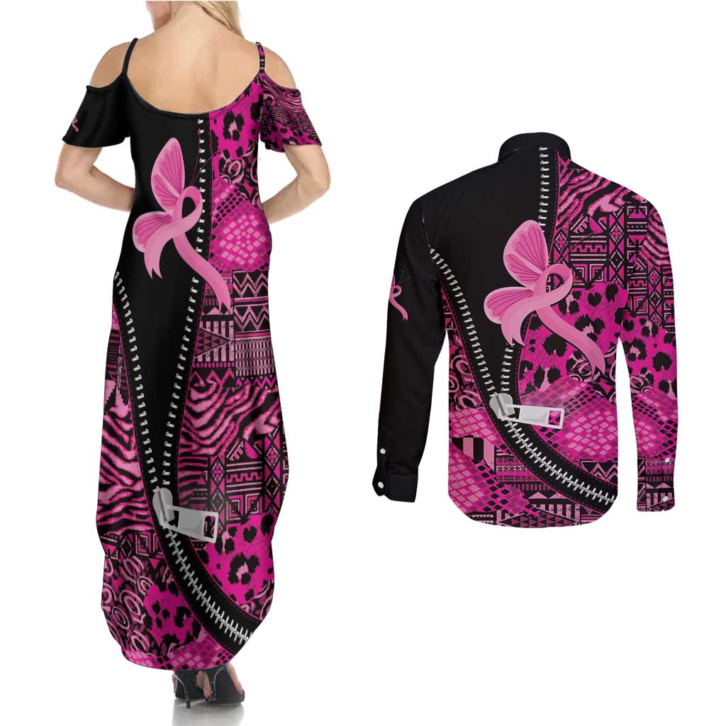 Pink Ribbon Animals Skin African Mixed Couples Matching Summer Maxi Dress and Long Sleeve Button Shirt Zipper Stylized - Wonder Print Shop