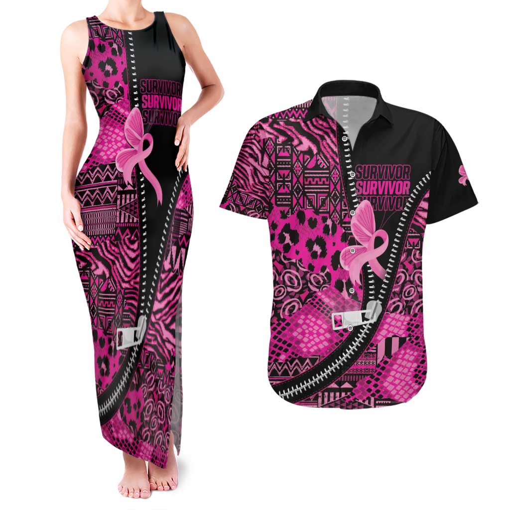 Pink Ribbon Animals Skin African Mixed Couples Matching Tank Maxi Dress and Hawaiian Shirt Zipper Stylized - Wonder Print Shop